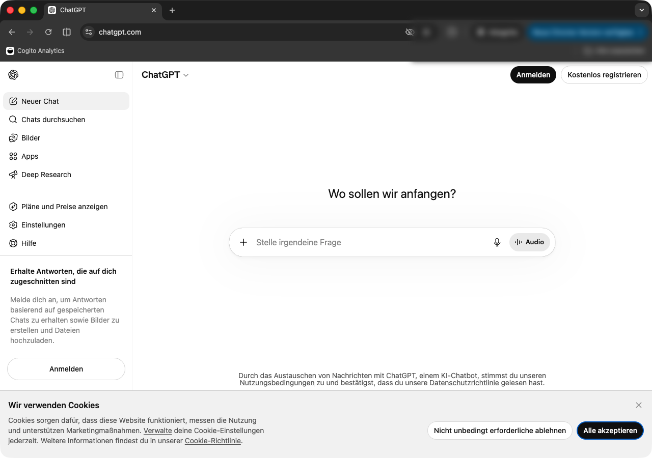 chatgpt.com-Startseite mit den Knöpfen Anmelden und Kostenlos registrieren oben rechts.