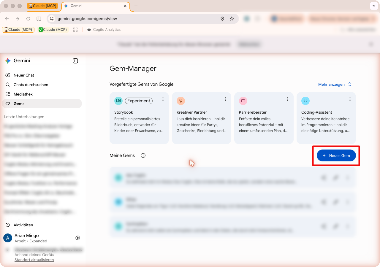Gem-Manager in Gemini mit Vorgefertigten Gems oben und einem Knopf Neues Gem rechts.